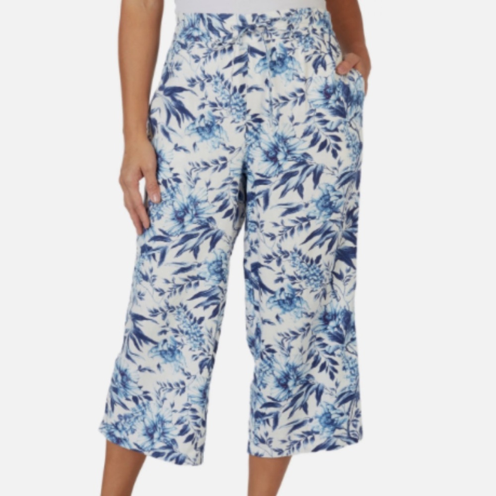 NWT! PER SE Pull On Relaxed Drawstring Linen Blend Crop Floral Blue White Pants
